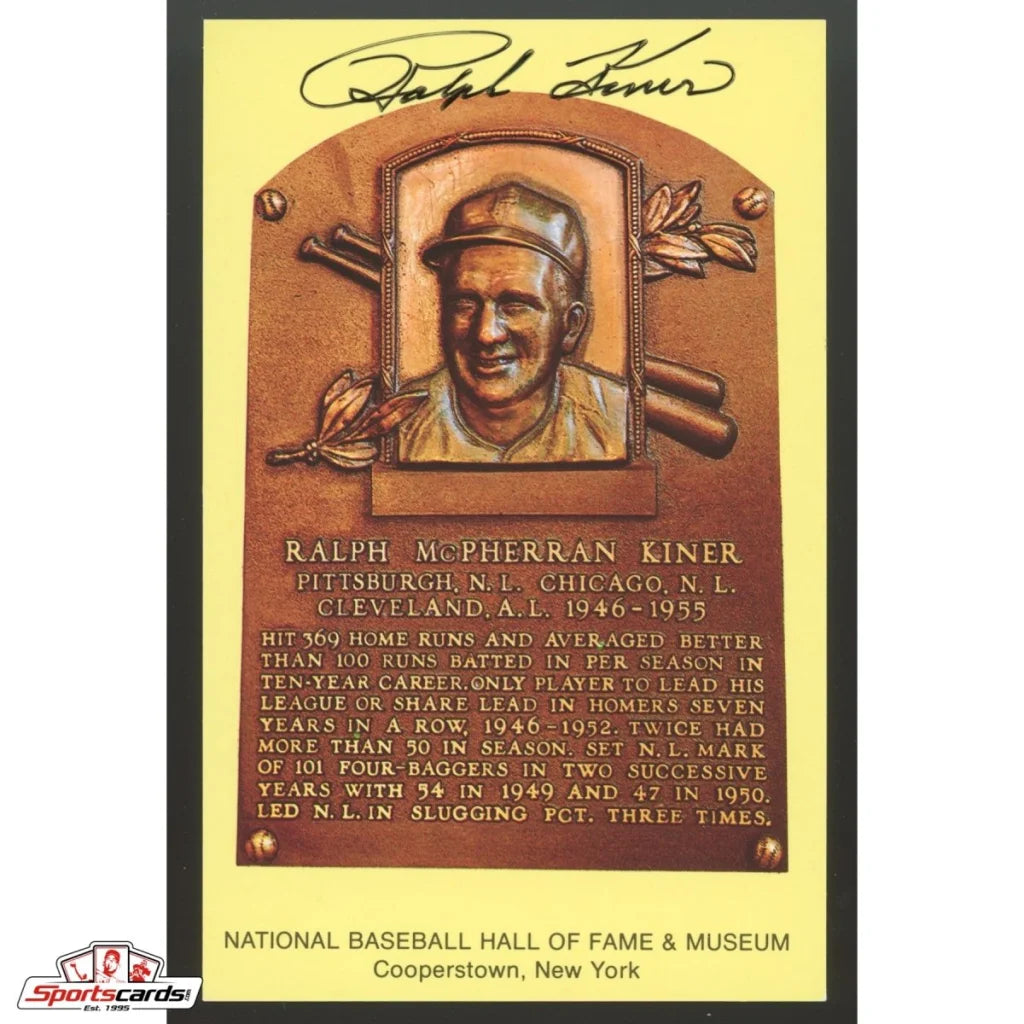 Ralph Kiner signed HOF postcard with gold plaque baseball card