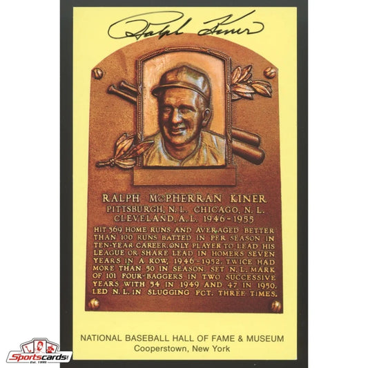 Ralph Kiner signed HOF postcard with gold plaque baseball card