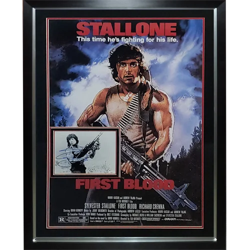 Deluxe framed Rambo First Blood movie poster with Stallone autographed 8x10 photo