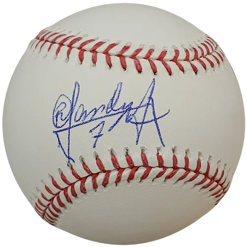 White leather baseball with red stitching and blue randy arozarena autographed signature for arozarena autographed mlb use