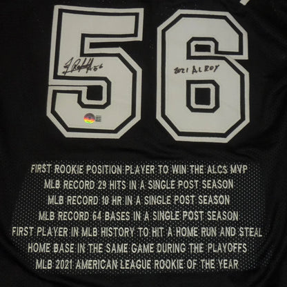 Randy arozarena autographed Tampa Bay black jersey #56 with embroidered stats