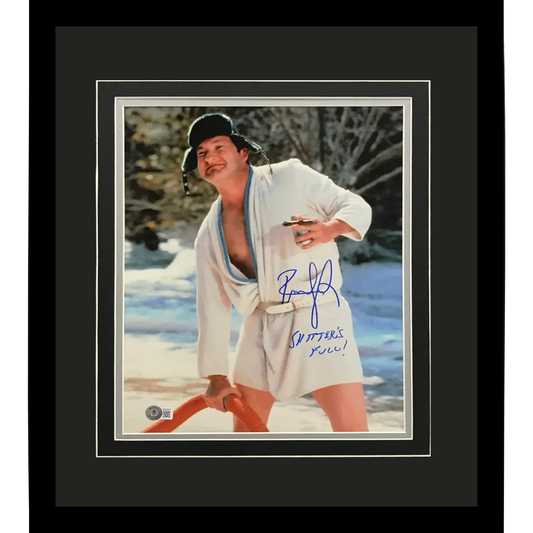 Signed Randy Quaid Cousin Eddie deluxe framed 11x14 photo in white robe with hose on snow