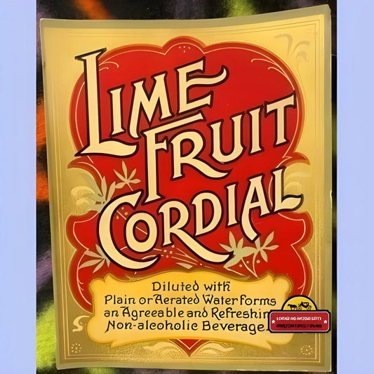 Vintage-style 1800s antique Lime Fruit Cordial label with ornate red lettering on yellow