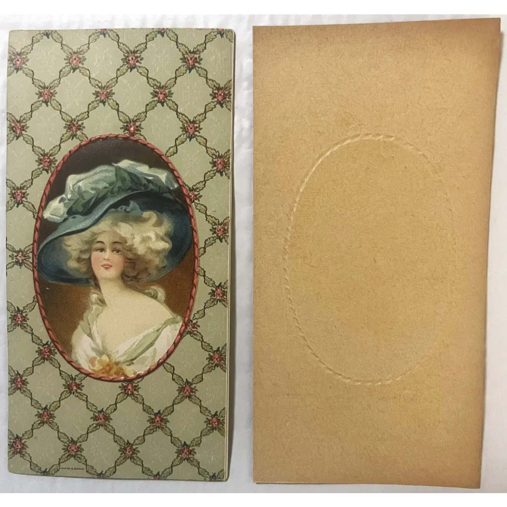 Vintage postcard of a woman in an ornate hat on a Rare 1800s Beauty Candy Box