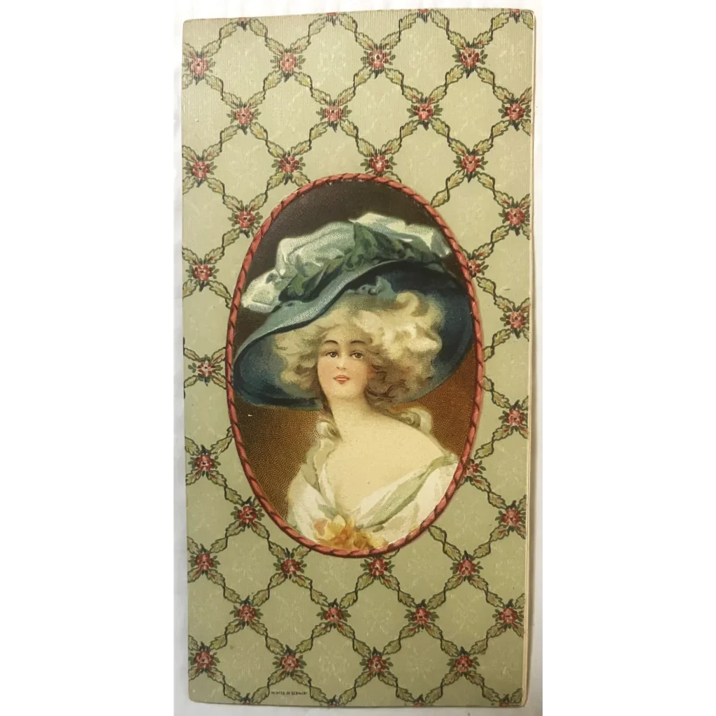 Vintage woman in ornate blue hat, perfect for a Rare 1800s Beauty Candy Box