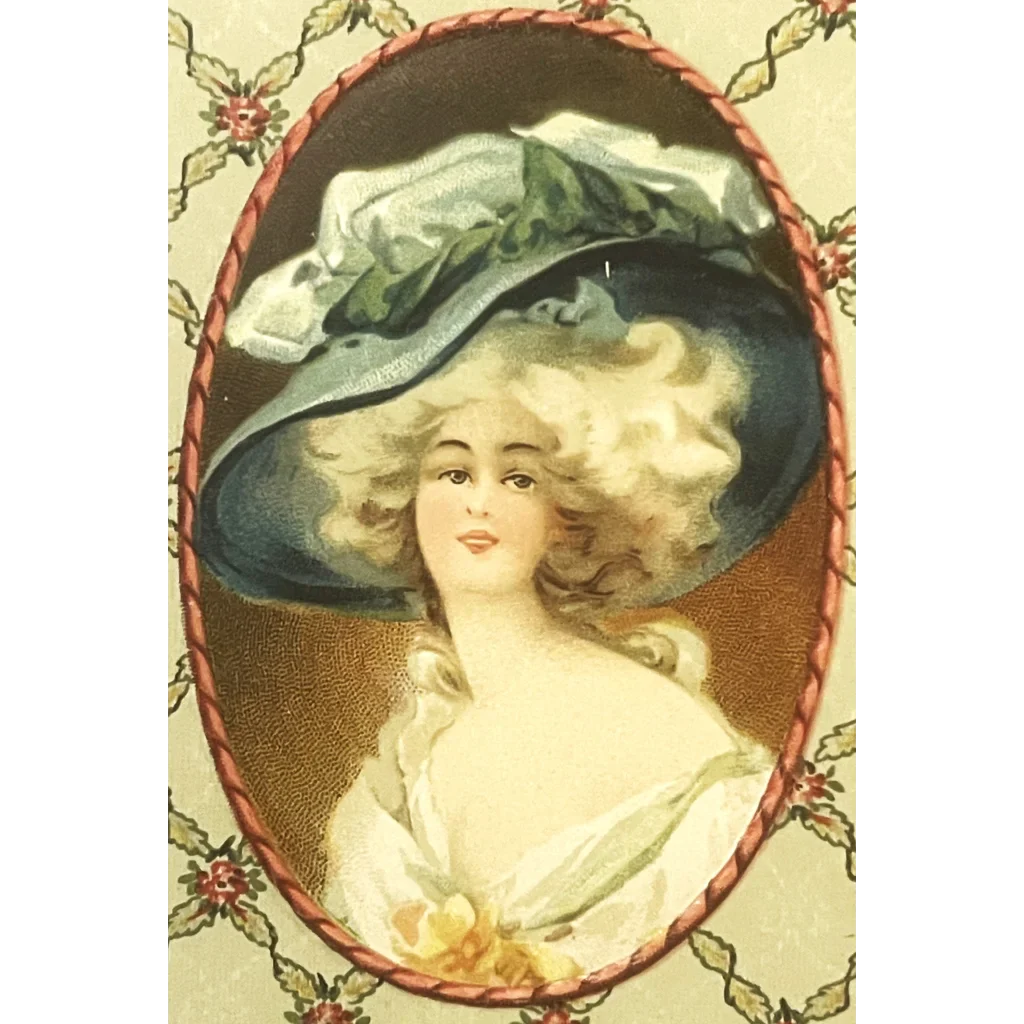 Portrait of a woman in a fancy hat, perfect for the Rare 1800s Beauty Candy Box