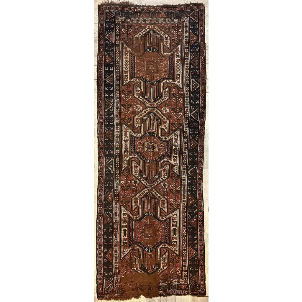 Antique 1875 Caucasian Kazak Sewan runner, full view, bold geometric design 100% wool pile