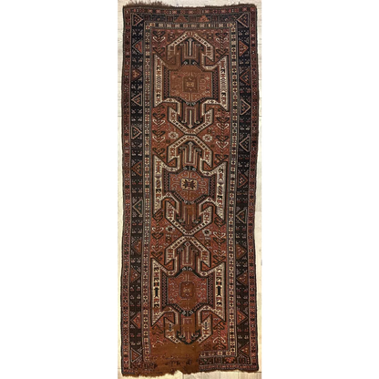 Antique 1875 Caucasian Kazak Sewan runner, full view, bold geometric design 100% wool pile