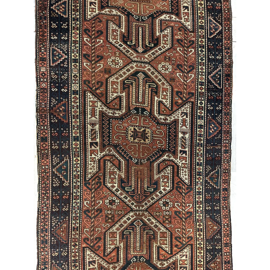 1875 Caucasian Kazak Sewan runner, field detail of geometric medallion design, hand-knotted wool