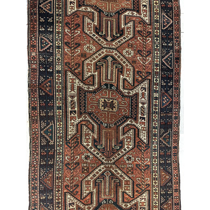 1875 Caucasian Kazak Sewan runner, field detail of geometric medallion design, hand-knotted wool