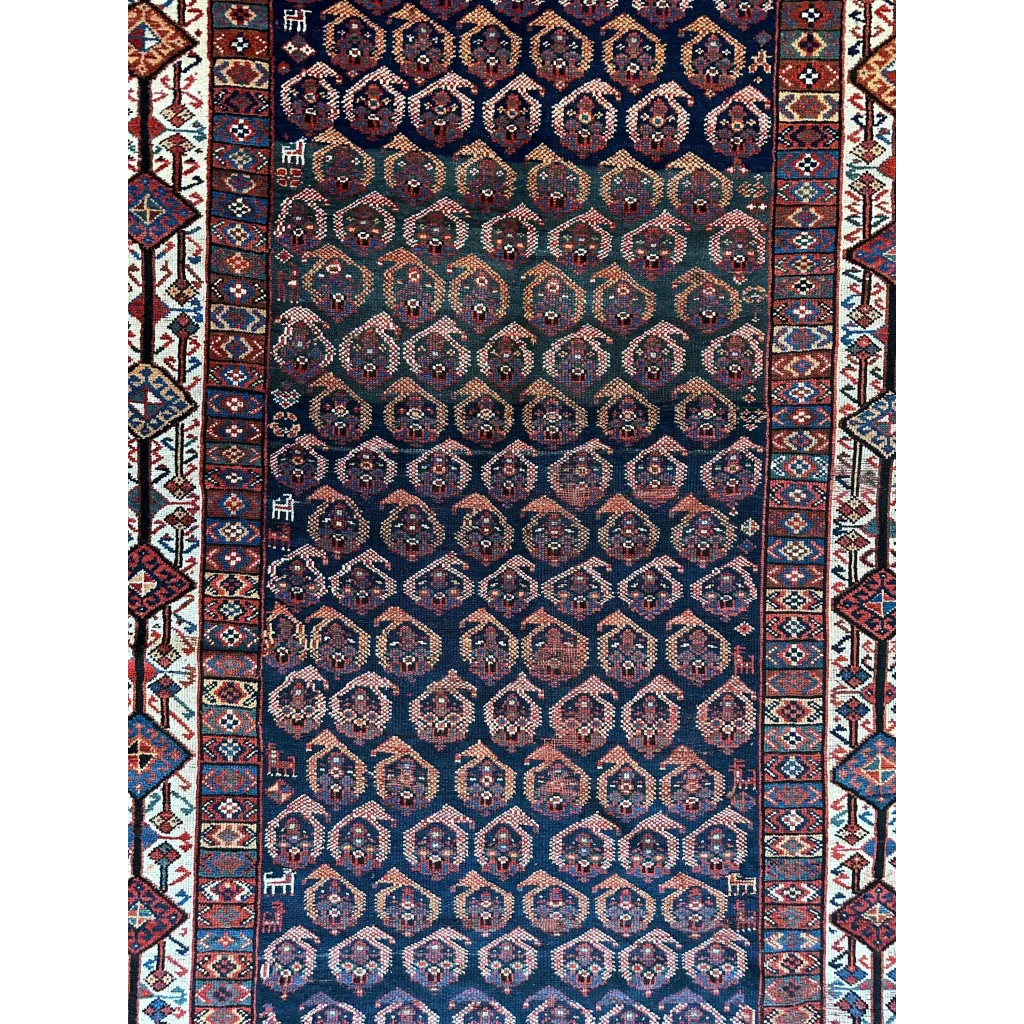 Rare 1880s Persian Afshar rug in dark blue with rust geometric patterns