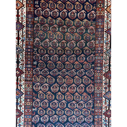 Rare 1880s Persian Afshar rug in dark blue with rust geometric patterns