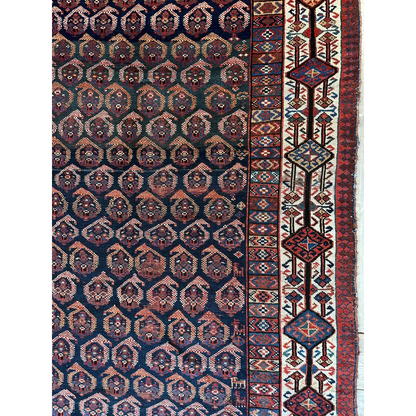 Rare 1880s Persian Afshar rug with navy hexagonal motifs in rust and cream