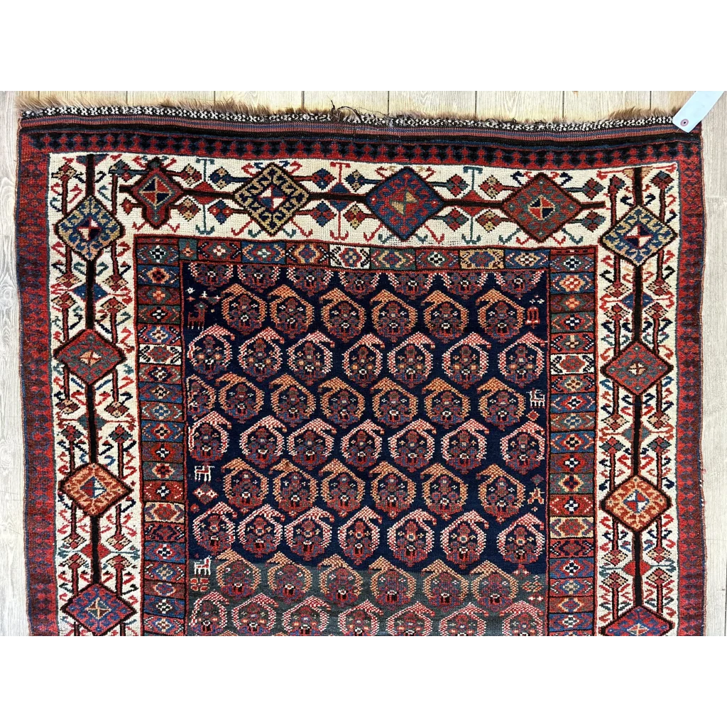 Rare 1880s Persian Afshar rug with navy hexagonal motifs and geometric borders