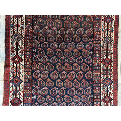 Rare 1880s Persian Afshar handwoven rug with intricate geometric patterns in burgundy, navy, red, and cream