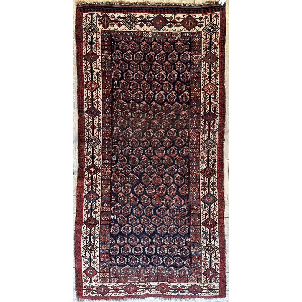 Rare 1880s Persian Afshar rug with deep red blue field and geometric patterns
