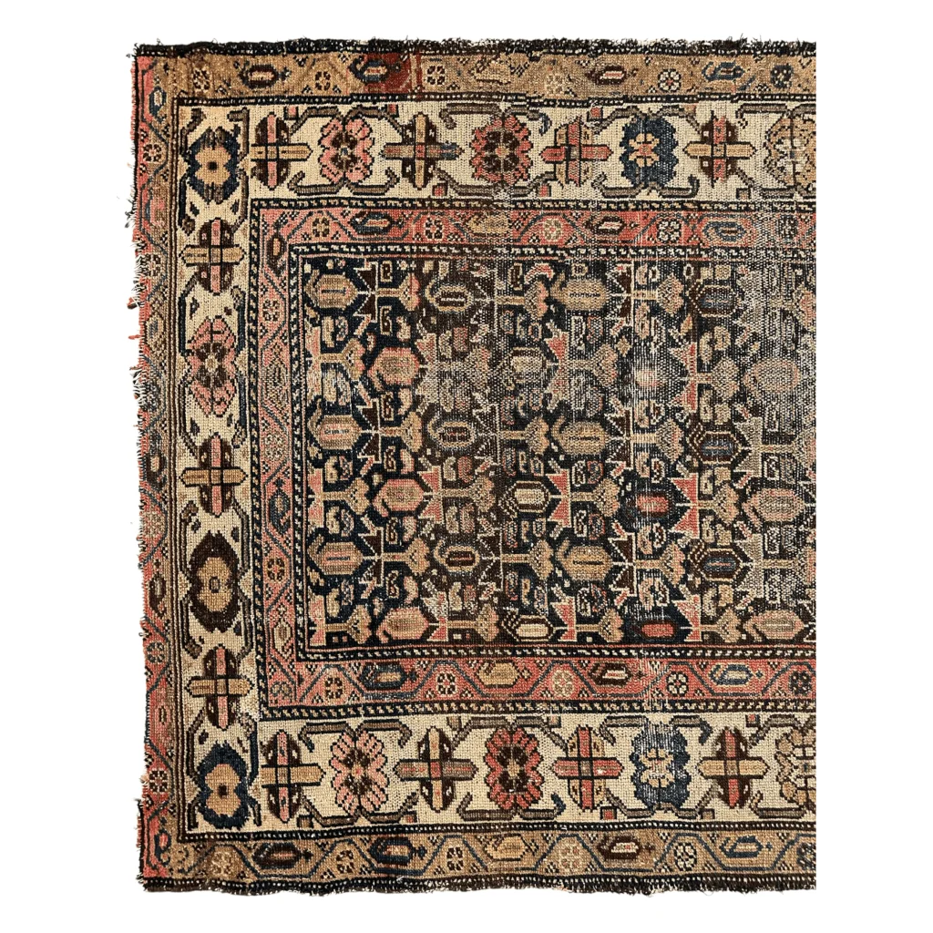 Rare 1880s Persian Malayer rug with faded geometric floral patterns ready for rug pad