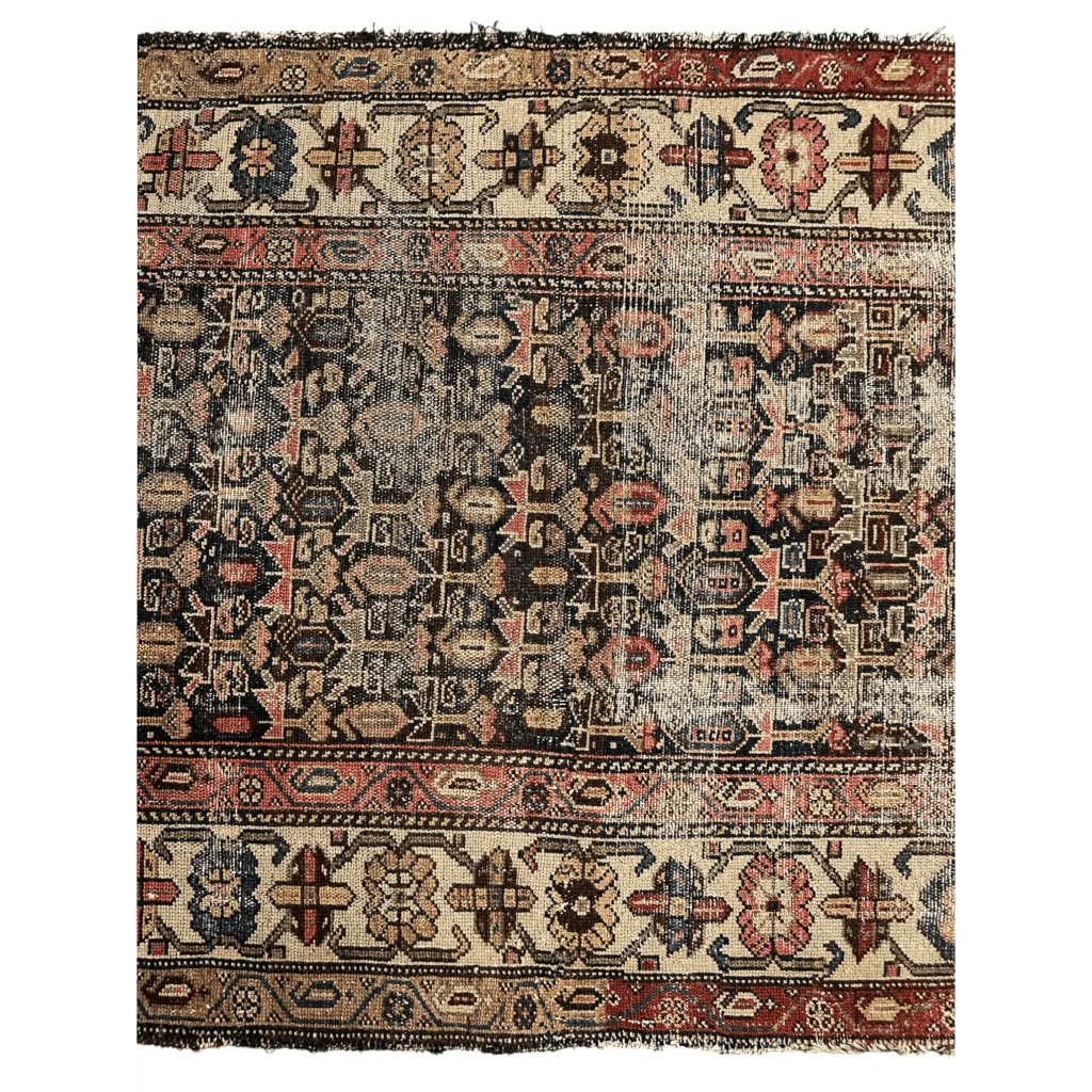 Vintage 1880s Persian Malayer rug with faded geometric floral patterns, ready for rug pad