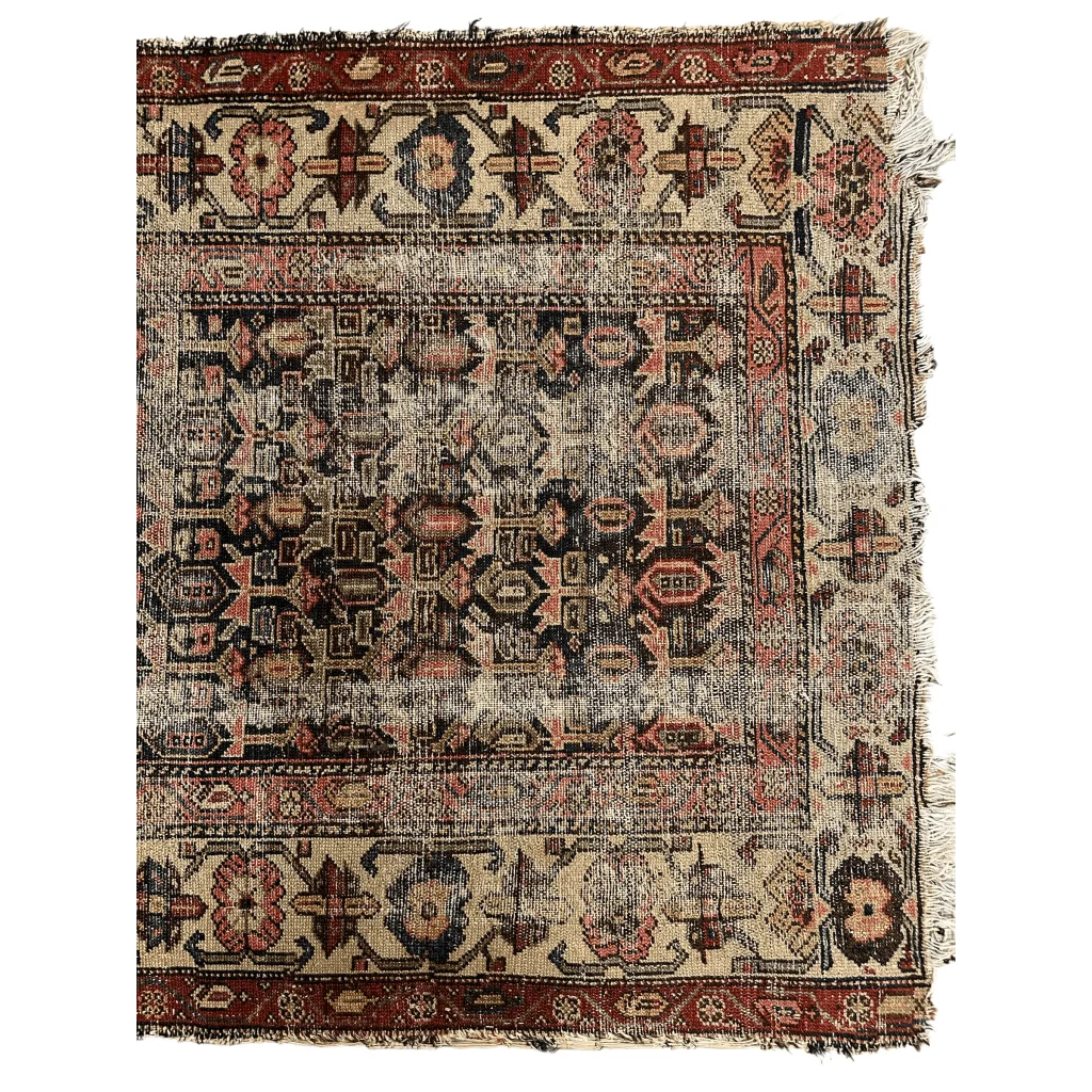 Rare 1880s Persian Malayer rug with faded geometric floral patterns, ready for rug pad