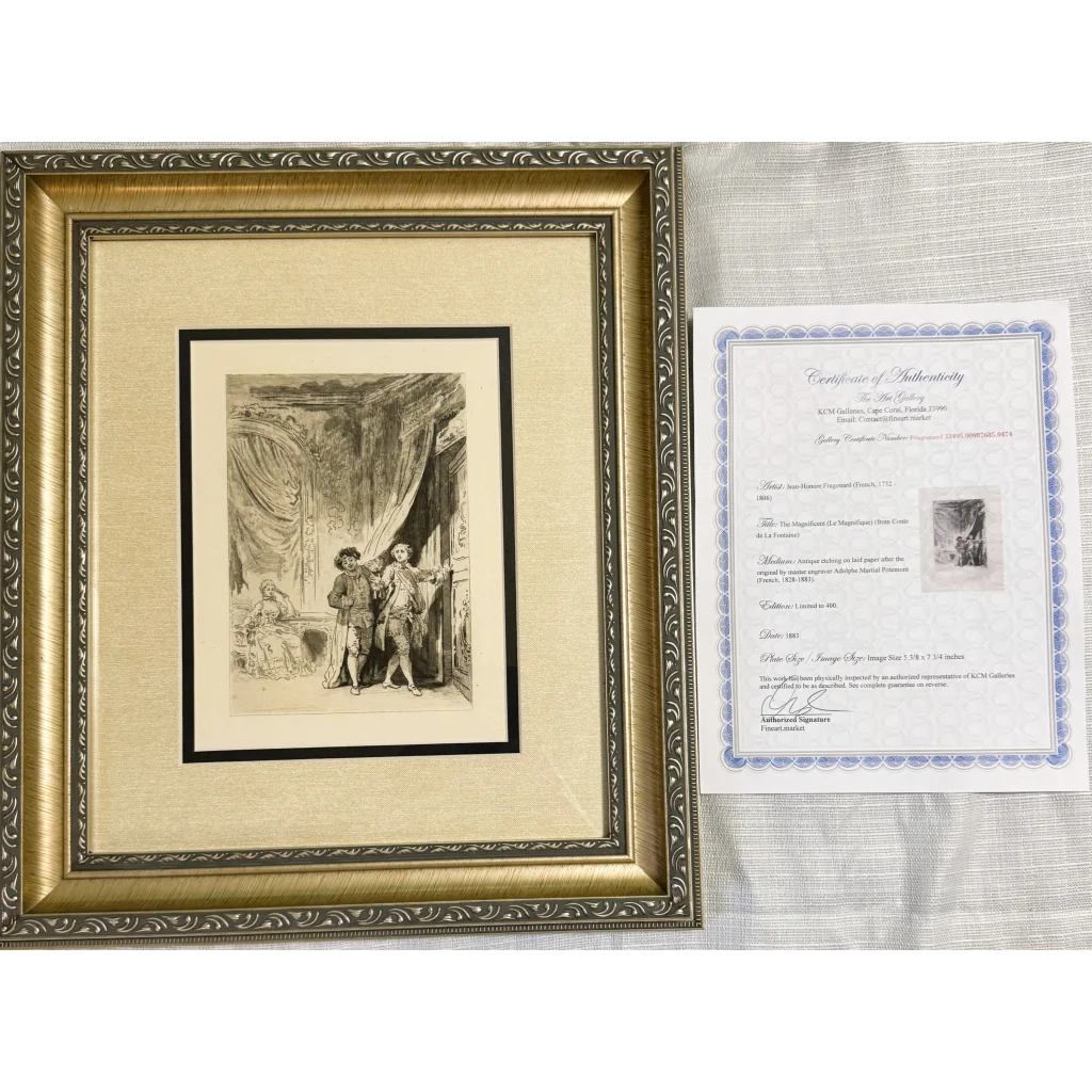 Framed black and white Jean Honore Fragonard etching limited edition with certificate