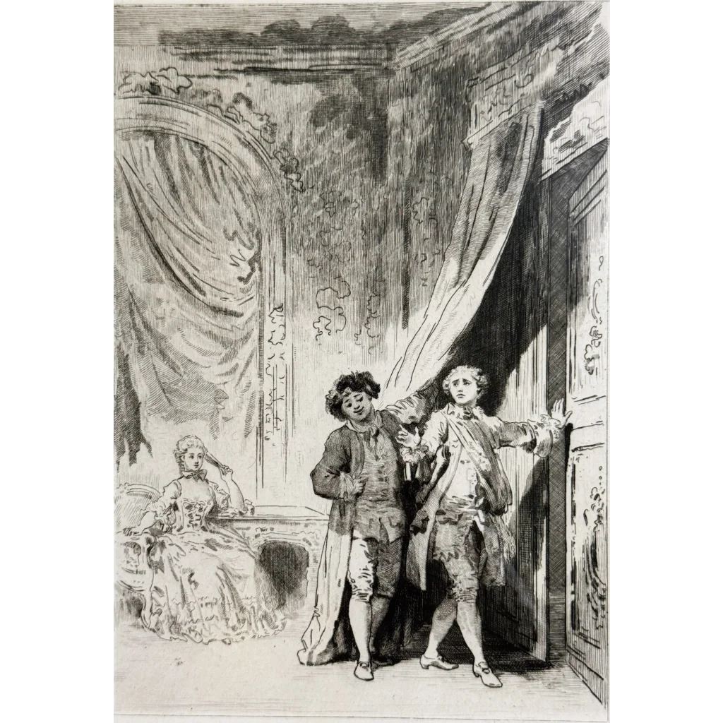 Black and white Jean Honore Fragonard etching limited edition of 1883 with three characters