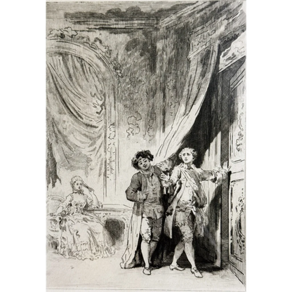 Black and white Jean Honore Fragonard etching limited edition of 1883 with three characters