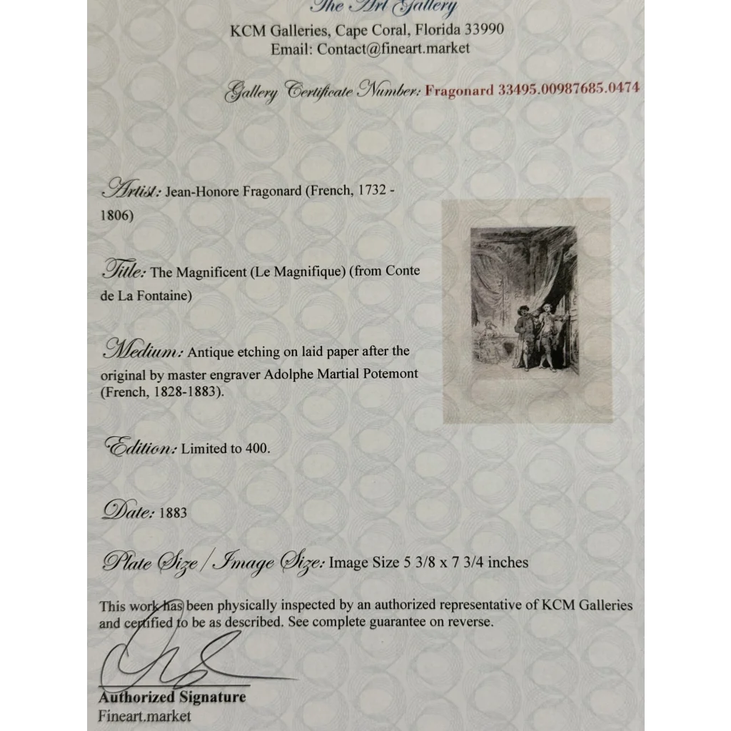 Gallery certificate for rare 1883 Jean Honore Fragonard etching limited edition