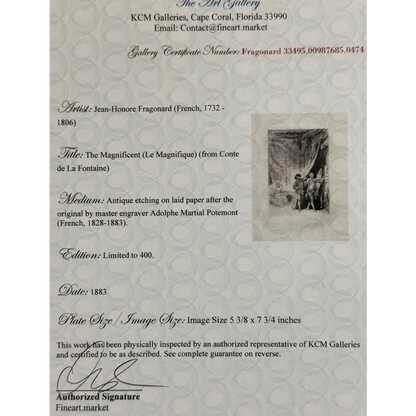 Gallery certificate for rare 1883 Jean Honore Fragonard etching limited edition