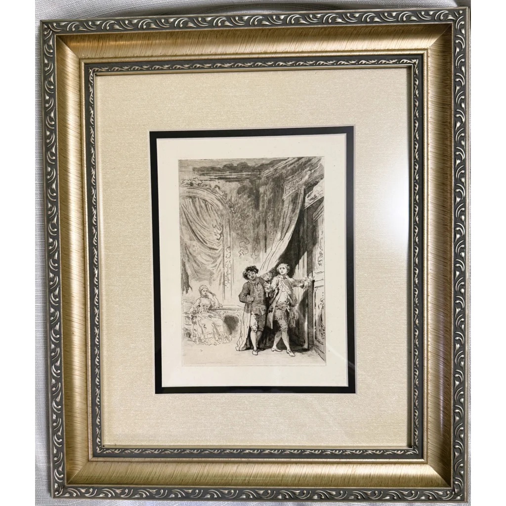 Framed black and white engraved illustration of Jean Honore Fragonard etching limited edition