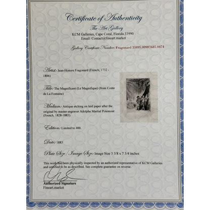 Certificate of authenticity for rare Jean Honore Fragonard etching limited edition 1883