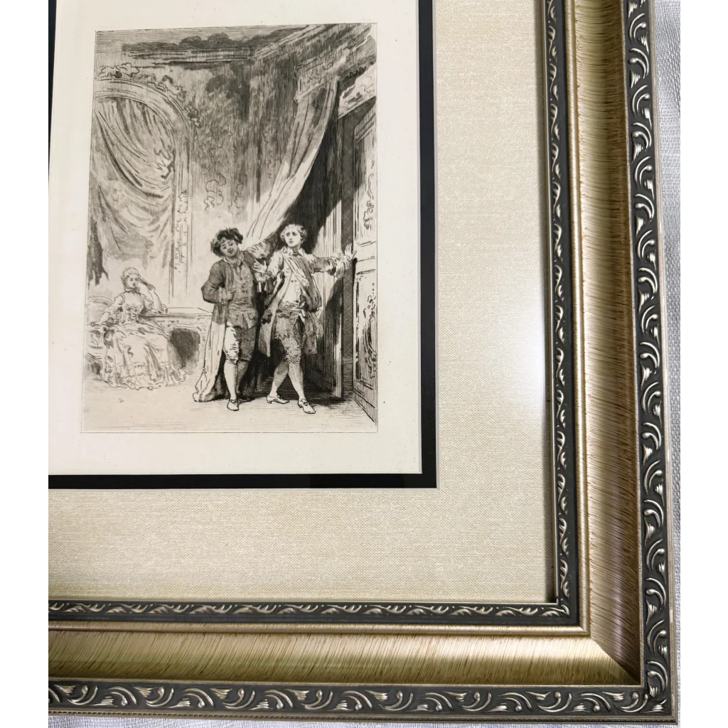 Framed limited edition Jean Honore Fragonard etching of two men entering a room with a seated woman