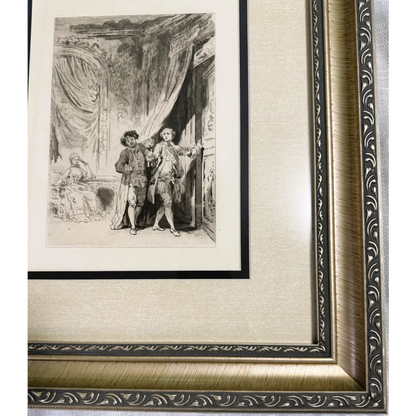Framed limited edition Jean Honore Fragonard etching of two men entering a room with a seated woman