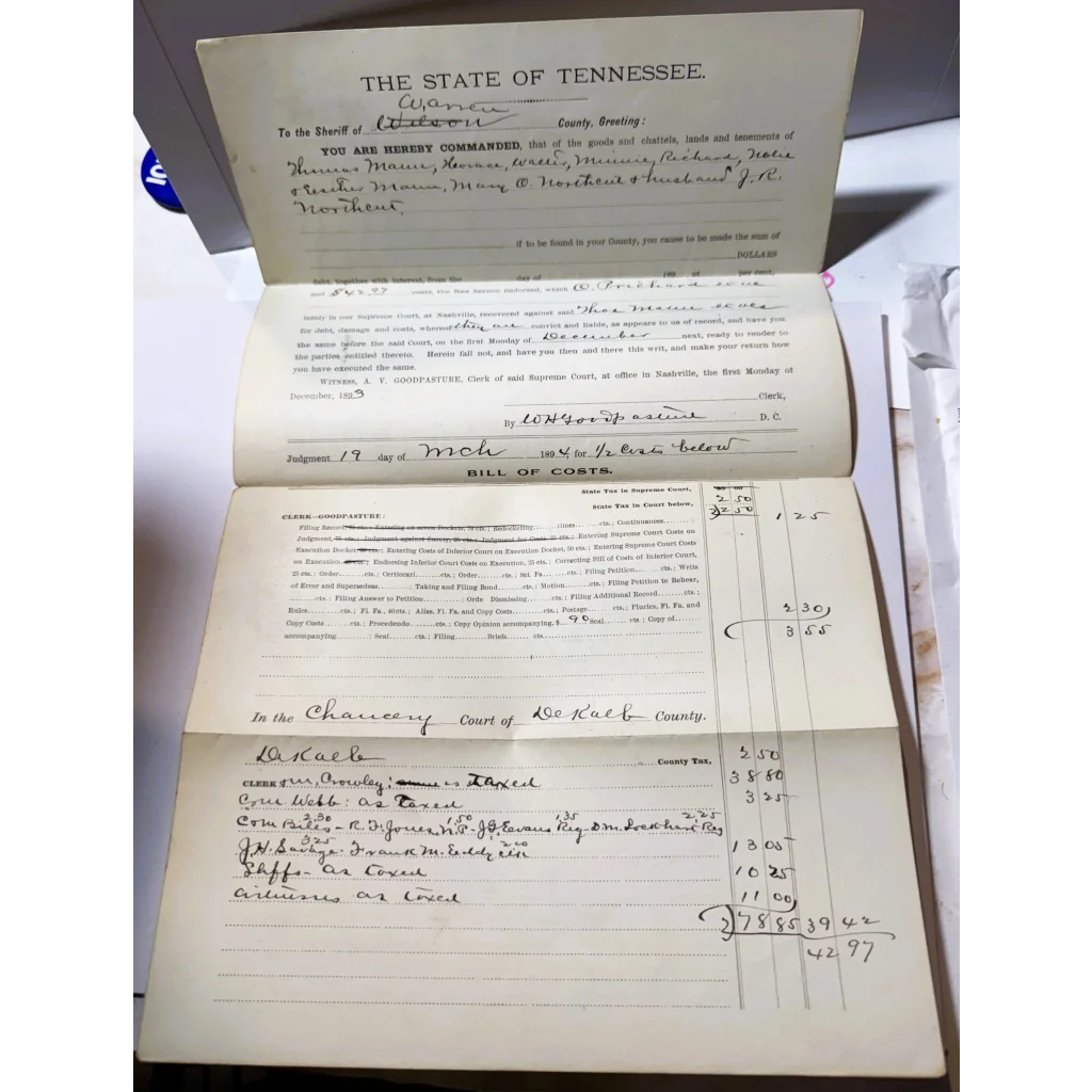 Antique Tennessee Supreme Court legal document from 1893 about property dispute costs