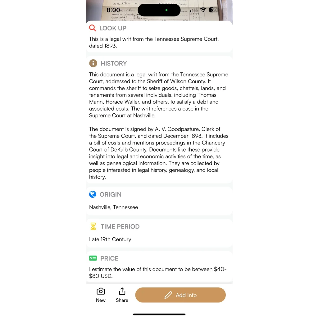 Rare 1893 Tennessee Supreme Court legal document showing seizure and court proceedings