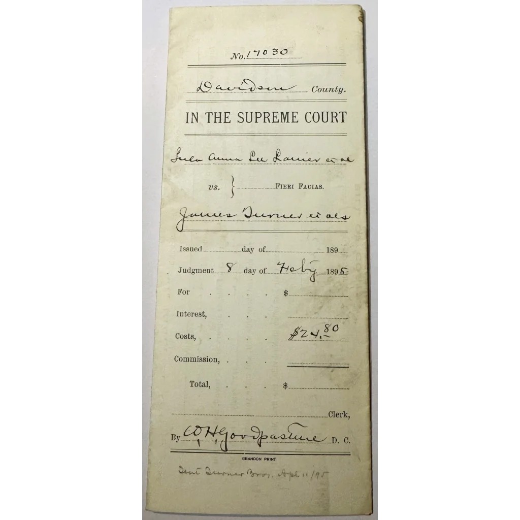Antique Tennessee Supreme Court case document from 1895 showing legal details and costs