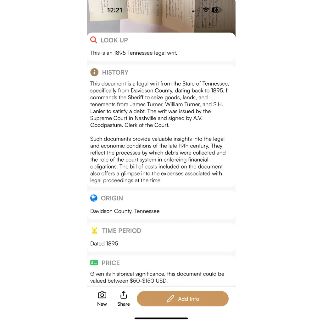 Digital display of rare 1895 Tennessee Supreme Court case document valued at 50-150 USD