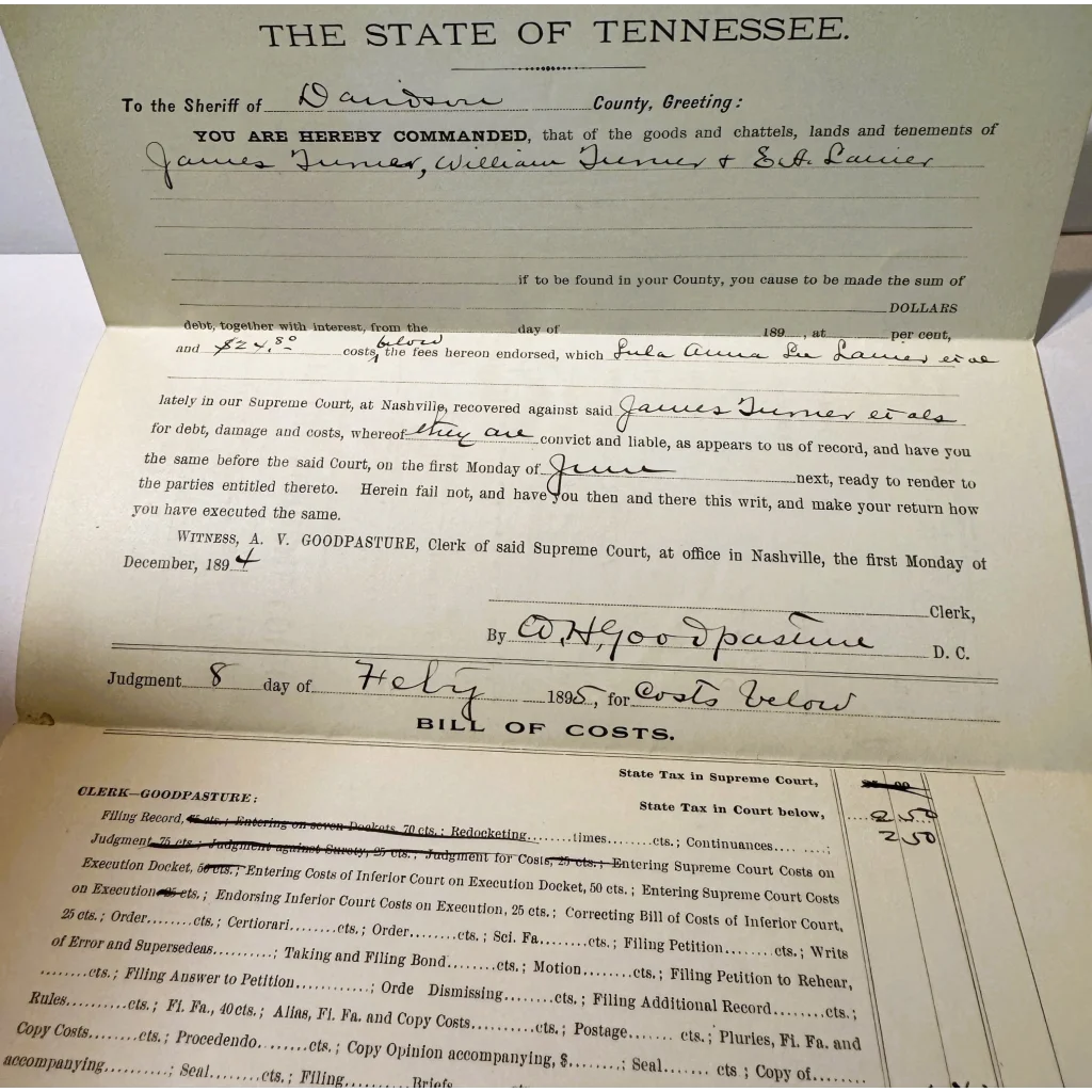 Old handwritten Tennessee Supreme Court case document with bill of costs from Nashville