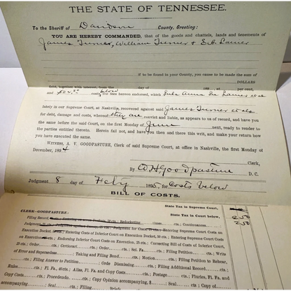 Old handwritten Tennessee Supreme Court case document with bill of costs from Nashville