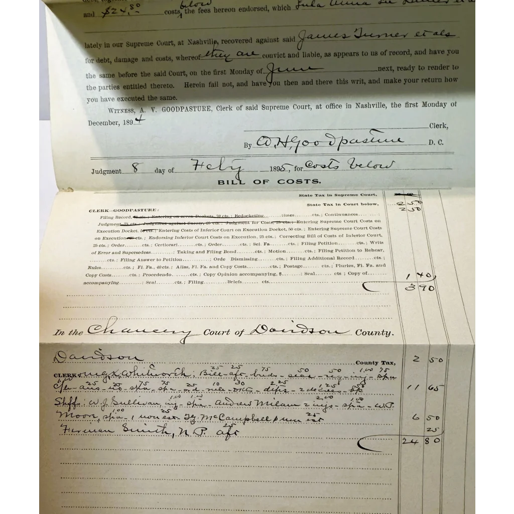 Aged handwritten Tennessee Supreme Court case document with monetary figures