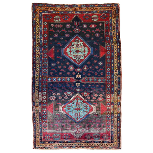 Rare 1900s Caucasian Kazak handwoven rug in navy, red, teal, burgundy tones