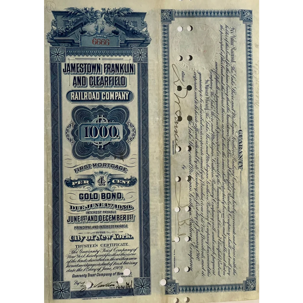 Rare 1909 Jamestown Railroad Gold Bond Certificate worth $1000 on display