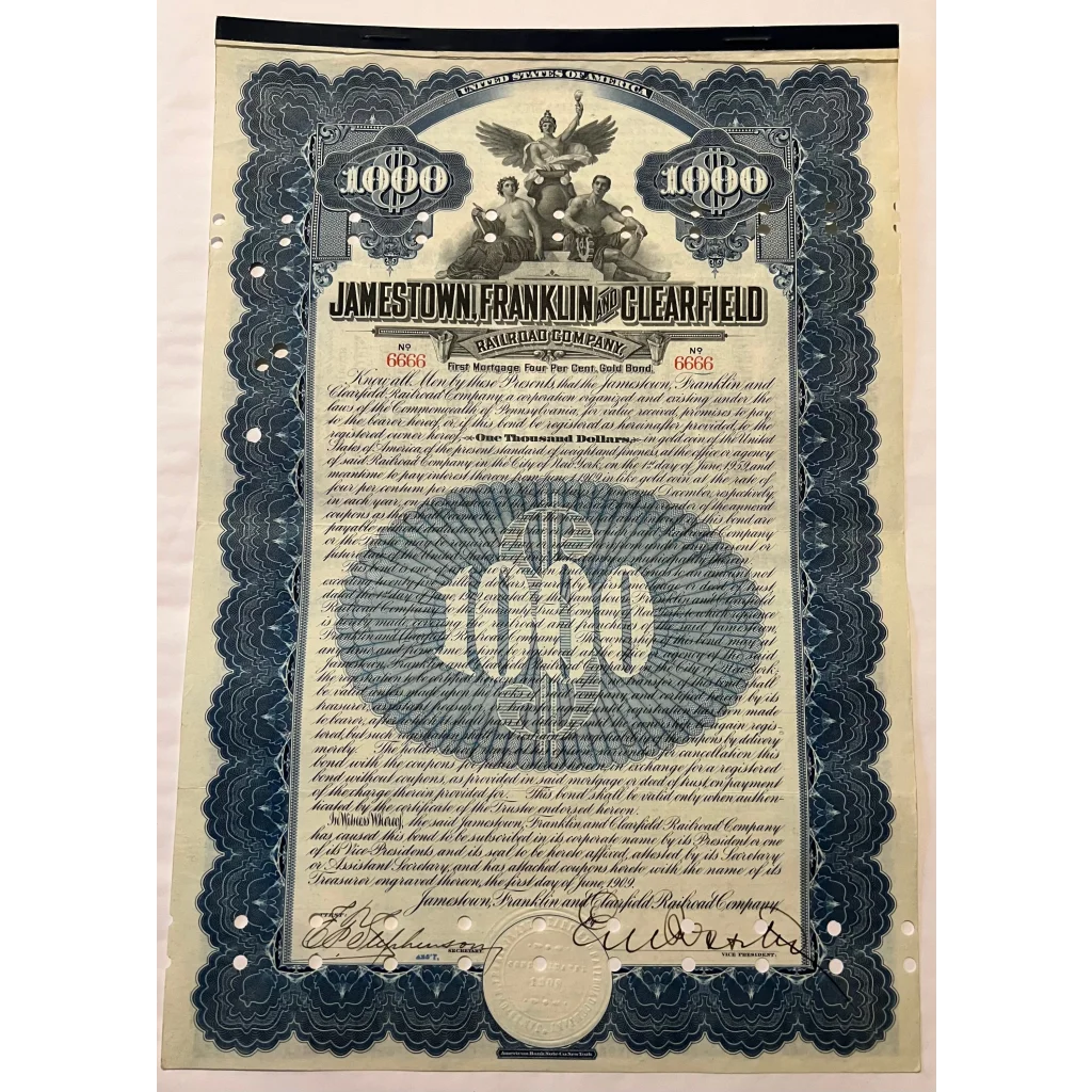 Ornate Jamestown Railroad $1000 gold bond certificate from 1909 perfect for collectors