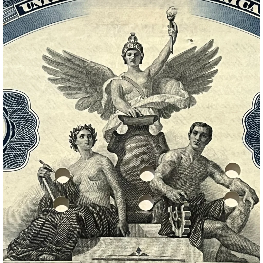 Winged female figure with torch and seated figures on Rare 1909 Gold Bond Certificate