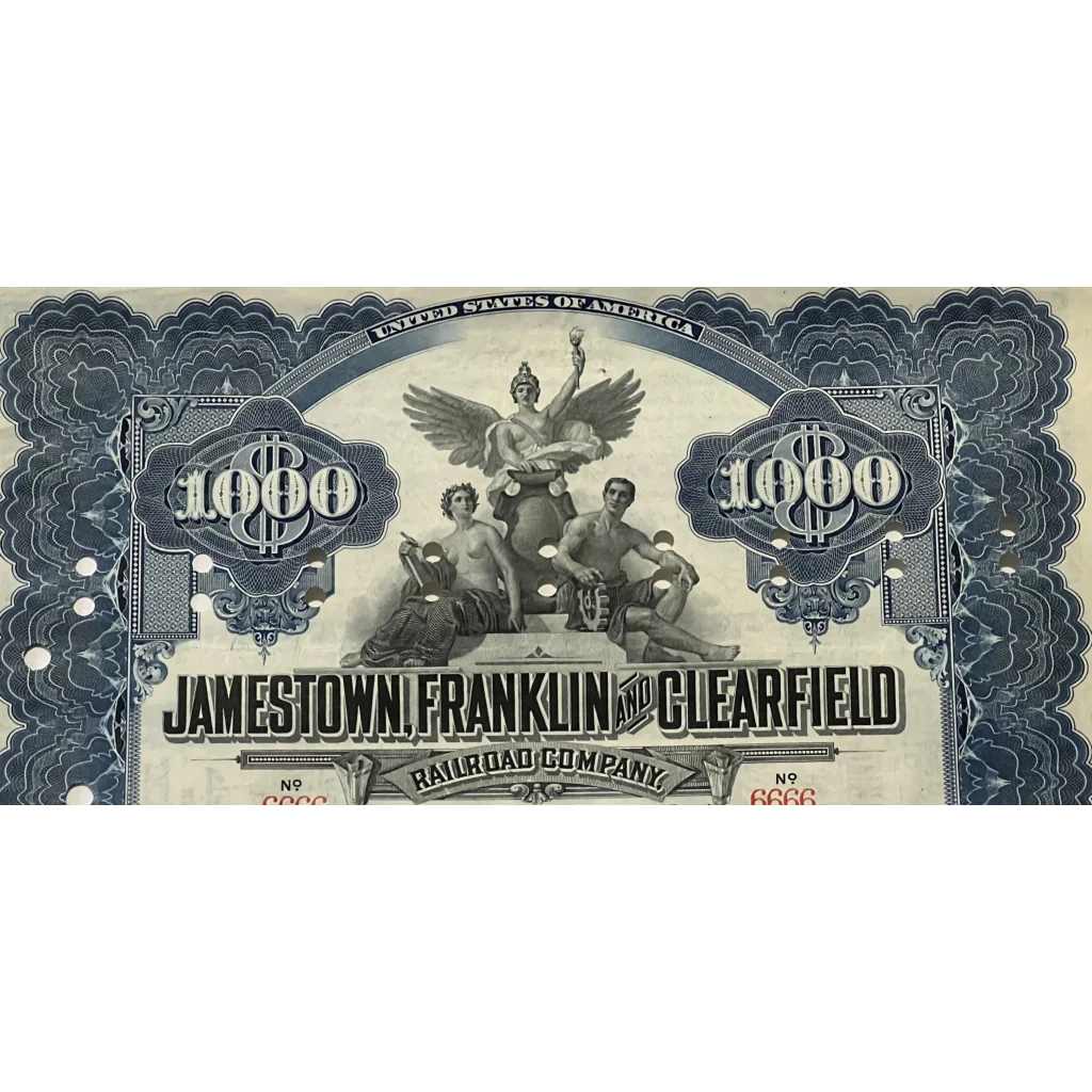 Vintage $1000 Gold Bond Certificate from Jamestown Railroad with allegorical figures