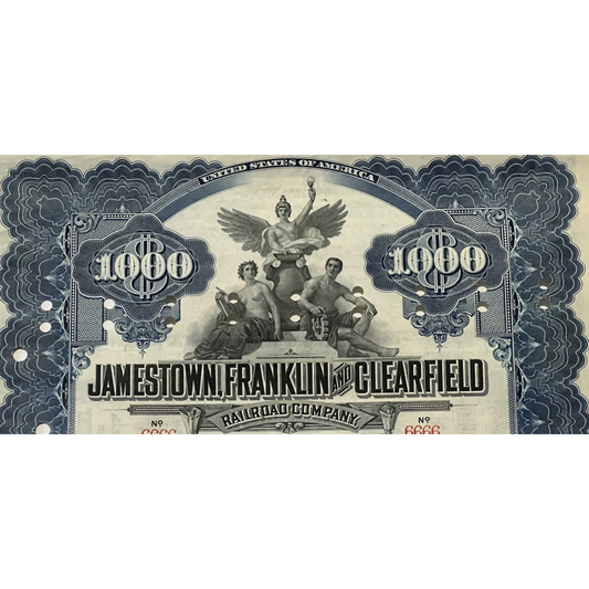 Vintage $1000 Gold Bond Certificate from Jamestown Railroad with allegorical figures