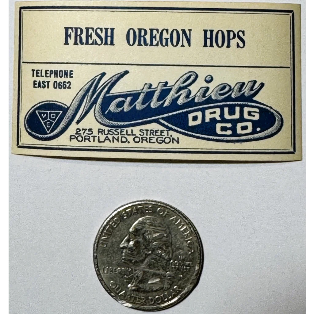 Vintage label for Mathieu Drug Co Fresh Oregon Hops from Portland Oregon hops collectible