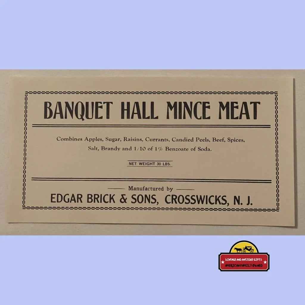 Rare Large Antique Vintage Banquet Hall Mince Meat Label 1910s - Advertisements - Food And Home Misc. Labels. And Gifts