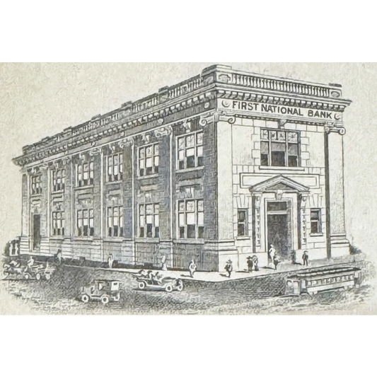 Antique 1910s Leys jeweler check with sketch of First National Bank building