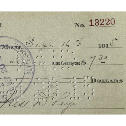 Antique 1910s Leys jeweler check from Historic Butte Montana Mining Town