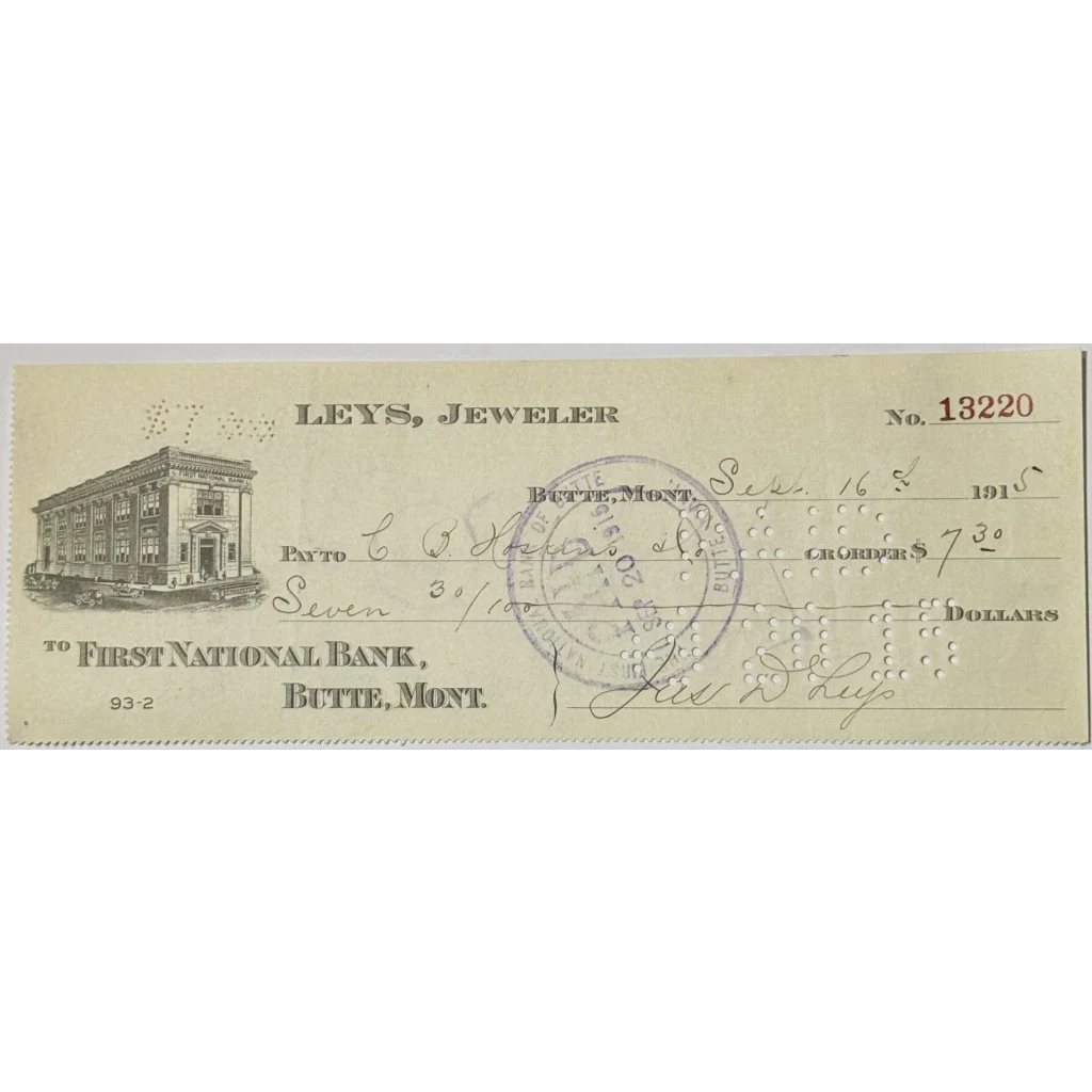 Antique 1910s Leys Jeweler Check from Historic Butte Montana Mining Town